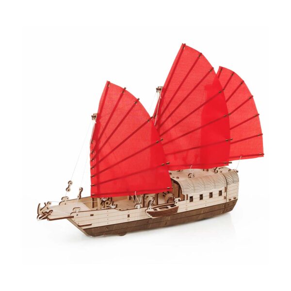 3D-puzzel van de Aziatische boot met rubberen bandmotor en zeilen